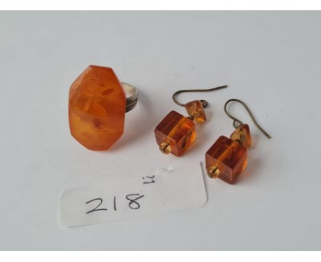 A silver &amp; amber cube earrings &amp; silver &amp; amber ring 