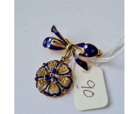 An attractive blue enamel &amp; 18ct gold drop brooch with ribbon suspension7.3g