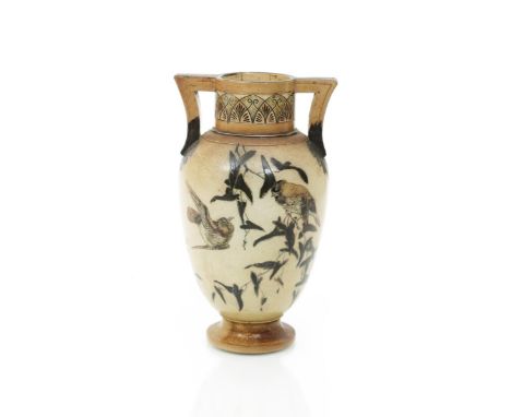 A Martin Brothers stoneware vase by Robert Wallace Martin, dated 1885, shouldered form with applied twin-handles, incised and