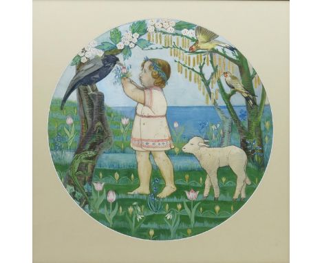 A watercolour on paper design,  depicting a child offering up spring flowers to a crow perched on a tree trunk, a lizard, lam