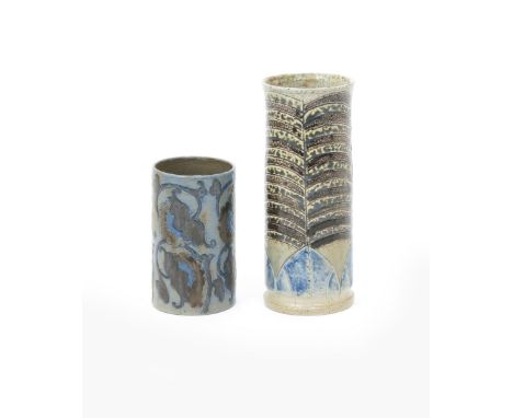 An early Martin Brothers stoneware vase by Robert Wallace Martin, cylindrical form, incised with foliate design in brown and 