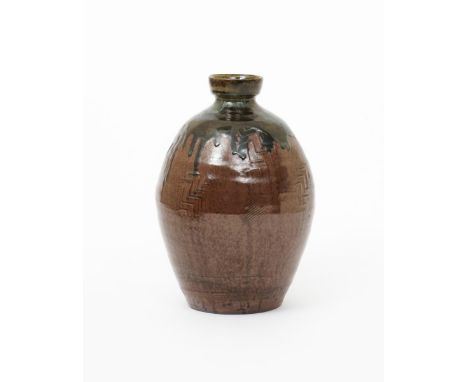 Mike Dodd (born 1943) an ovoid stoneware vase with everted flaring collar rim, incised decoration under a tenmoku running gla