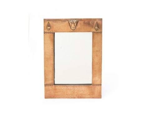 A Liberty & Co The Ostade copper hall mirror, rectangular form, stamped in low relief with arrow and lotus flower motif, hamm