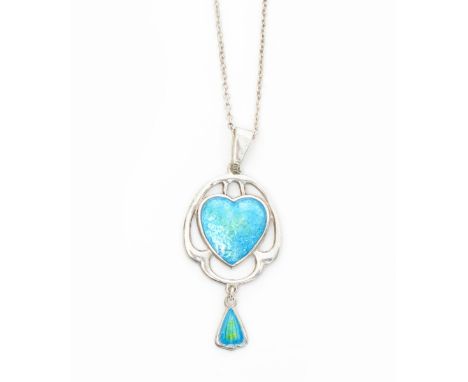 A Charles Horner silver and enamel pendant necklace, heart-shaped foliate design enamelled blue and green inside pierced bord