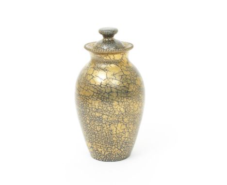 A Sunflower Pottery vase and cover by Sir Edmund Elton,  shouldered form with everted crenellated rim and domed cover, covere