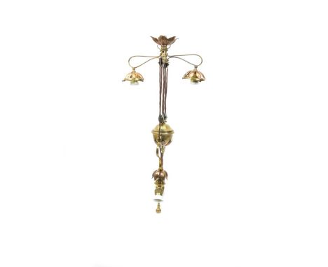 A W.A.S Benson rise and fall copper and brass ceiling light,  twin branch with central ball counterweight and single light fi