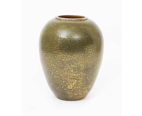 A large Sunflower Pottery vase by Sir Edmund Elton, shouldered form with collar rim, covered in a crackled gold glaze over li