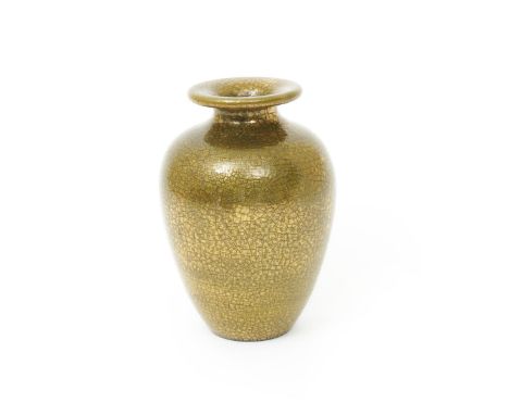 A Sunflower Pottery vase by Sir Edmund Elton, shouldered form with everted rim, covered in a crackled golden glaze over lime 