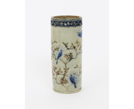 An early Martin Brothers stoneware vase by Robert Wallace Martin,  cylindrical form with pierced rim, modelled in low relief 