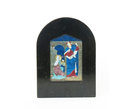 An enamel mosaic plaque Noli me Tangere, possibly by Henry Holiday, depicting  Mary Magdalene kneeling at the feet of Jesus C