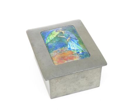 A Liberty Tudric Pewter and enamel box and cover probably by Charles Fleetwood Varley,  rectangular section, the hinged cover