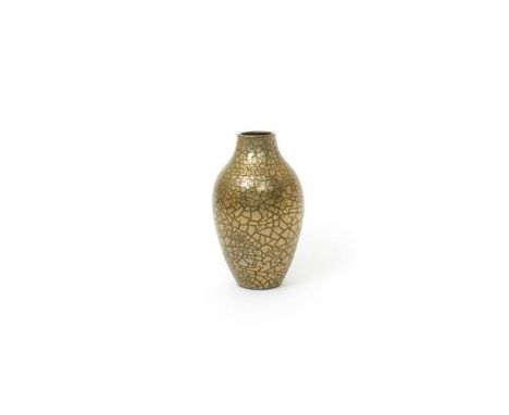 A Sunflower Pottery vase by Sir Edmund Elton,  shouldered, slender ovoid form, lime green covered in a crackled golden glaze 