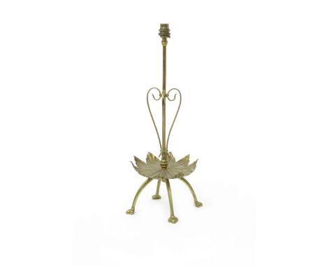 A W.A.S Benson  copper and brass table lamp, model no.1195,  the arched cruciform foot supporting foliate tray and central br