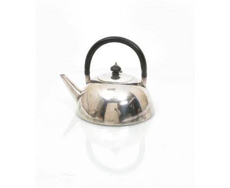 An electroplated metal teapot in the manner of Dr Christopher Dresser, hemi-spherical form with over slung ebonised wood hand