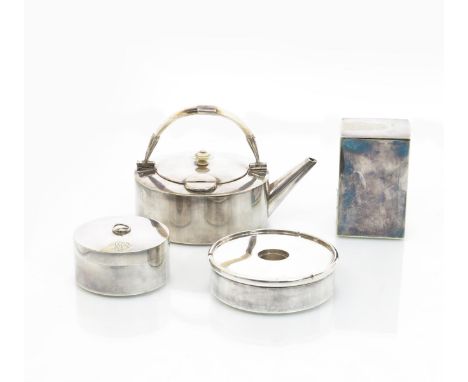 λ An electroplated metal Picnic tea set in the manner of Dr Christopher Dresser, comprising teapot with hinged cover and ivor