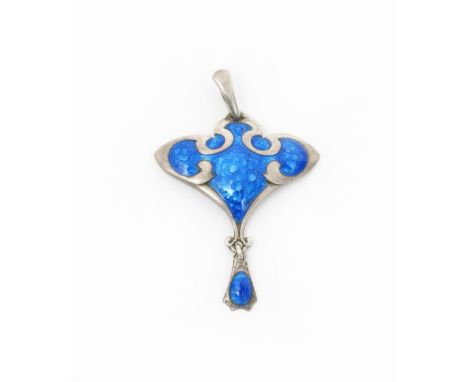 A Smith & Ewen silver and enamel pendant necklace, stylised foliate form enamelled blue, with blue enamelled drop stamped mar