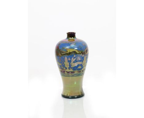 A tall Pilkington's Lancastrian vase by Gordon M Forsyth,  dated 1912, mei-ping form painted with hounds hunting hare's among
