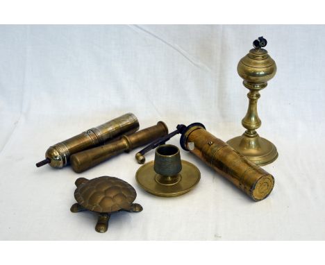 Four 19th century Turkish coffee grinders, a brass oil lamp, a brass vesta striker, a brass tortoise form pot and cover and a