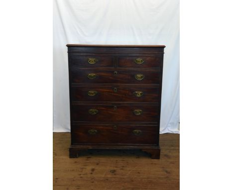 A mid 19th century mahogany chest of two short and three long drawers with oval brass backplates to the handles, on bracket f