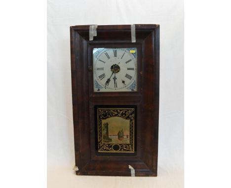 An American wall clock manufactured by Jerome & Co, the glazed door with depiction of a sailing vessel off a harbour (af).  E