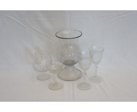 A set of thirteen wine glasses, two Edinburgh crystal brandy balloons, a celery vase and sundry glassware.  Est £15-30