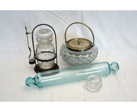 A plate mounted glass biscuit barrel, a celery vase, a glass basket, a glass rolling pin, a pickle dish and stand and sundry 