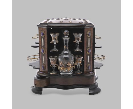 A 19TH CENTURY WALNUT LIQUEUR BOX. of canted square form, the top and sides set with mother-of-pearl cartouches and enamelled