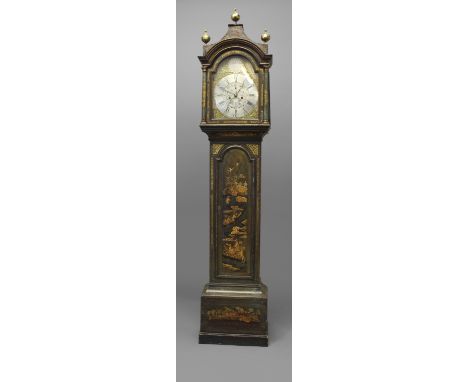 A CHINOISERIE LACQUERED LONGCASE CLOCK. the 11 1/2" silvered dial with Roman and Arabic numerals, subsidiary second dial and 