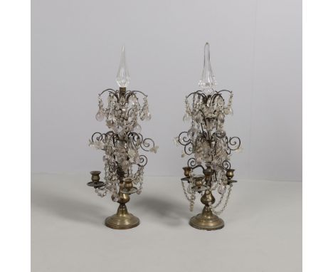 A PAIR OF FRENCH TABLE CANDELABRA. with brass bases and cut glass stems supporting scrolling branches set with glass flowers 