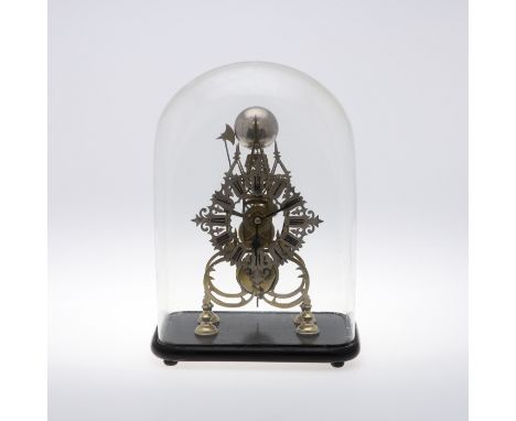 A BRASS SKELETON CLOCK. the 6" pierced silvered dial on a chain driven fusee movement striking to a bell, on a scrolling bras