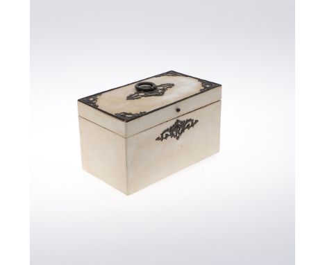 A FRENCH CREAM LACQUERED TEA CADDY. early 19th century, with cut steel mounts and twin lidded canister interior, height 12cm,