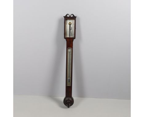 A 19TH CENTURY MAHOGANY STICK BAROMETER. the silvered dial signed 'James Long Royal Exchange London', the case with broken sw