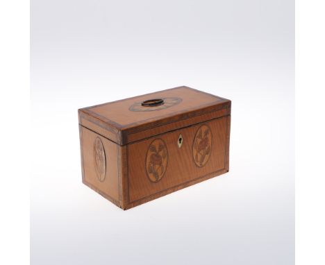A REGENCY SATINWOOD TEA CADDY. with marquetry inlaid floral panels, the interior with twin lidded canisters, height 12.5cm, w