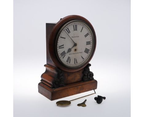 A 19TH CENTURY MAHOGANY WALL CLOCK. the 10" painted dial signed Rossiter, Weston-Super-Mare, on a brass eight day single fuse
