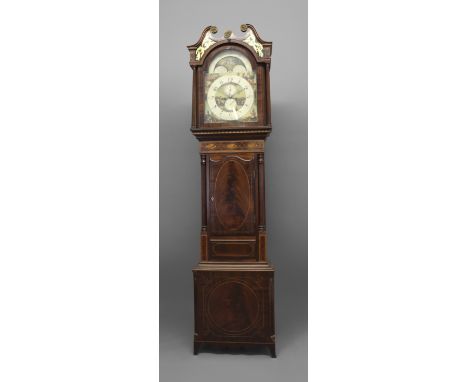 AN EARLY 19TH CENTURY MAHOGANY LONGCASE CLOCK. the 13" painted dial with subsidiary second and date dials below a moon phase 
