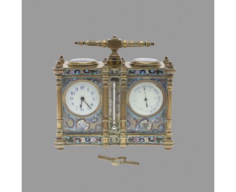 A FRENCH CHAMPLEVE DOUBLE CARRIAGE CLOCK AND BAROMETER. with brass carry handle above a compass and dual clock and barometer 