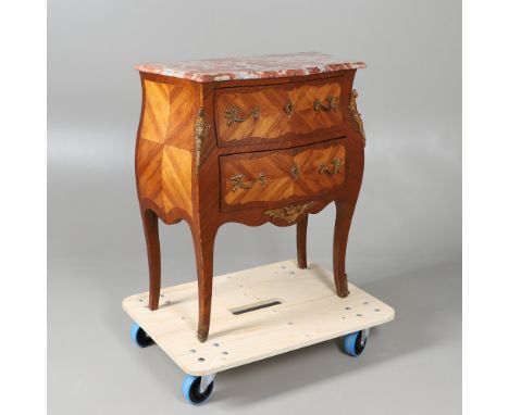 A LOUIS XV STYLE MARBLE TOPPED COMMODE. of shallow serpentine form, the marble top above two drawers with ormolu mounts, heig