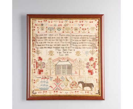A GEORGE IV SAMPLER. by Mary Slack Aged 13, 1823, worked with verses above a house surrounded by trees, horses and a ship wit