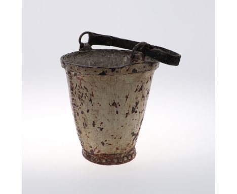A 19TH CENTURY POLYCHROME LEATHER FIRE BUCKET. with floral decoration on a cream ground, with leather strap handle, height ex