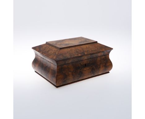A 19TH CENTURY BURR WOOD WORK BOX. of shaped sarcophagus bombÃ© form with fitted interior, height 15cm x width 31cm x depth 2