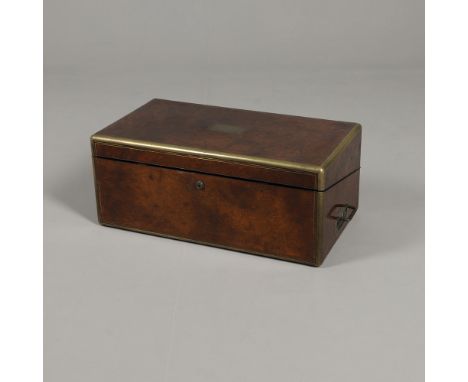 A MID 19TH CENTURY BRASS BOUND WRITING BOX. with plaque to top for 'A.J Walley, 1865', the interior with twin inkwells and de