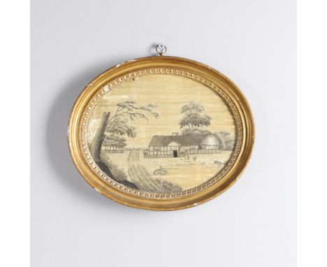 A 19TH CENTURY SILKWORK PICTURE. depicting a cottage in a landscape with horses drinking and a figure feeding chickens, glaze