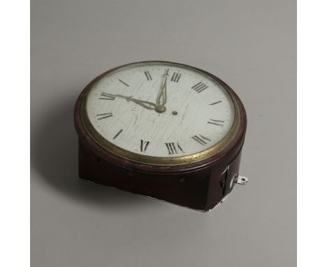 AN EARLY 19TH CENTURY MAHOGANY WALL CLOCK. the 12" painted dial indistinctly signed Tepman, Russell Street, Bloomsbury, on a 