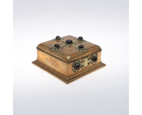 A VICTORIAN SQUARE BRASS BOX INSET WITH AGATE CABOCHONS. height 10cm x width 20cm. * Some tarnishing, interior lining tatty. 