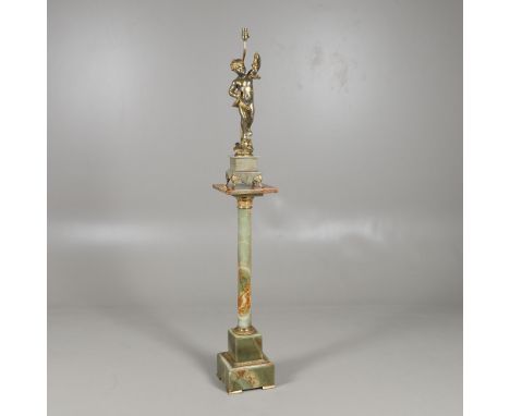 A GILT METAL CHERUB TABLE LAMP. early 20th century, on an onyx base and gilt mounted onyx column, the underside of the column