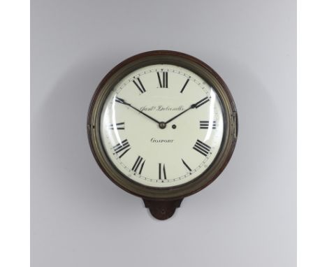 A GEORGE III MAHOGANY WALL CLOCK. the 12" cream painted Roman numeral convex dial signed James Delasalle, Gosport, on a brass