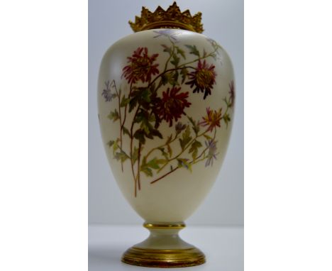 9" ROYAL WORCESTER PORCELAIN HAND PAINTED VASE DECORATED WITH SUMMER FLOWERS WITH GILT CROWN TOP     