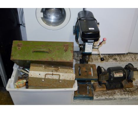 DRILL STAND, BENCH GRINDER & QUANTITY VARIOUS TOOLS     