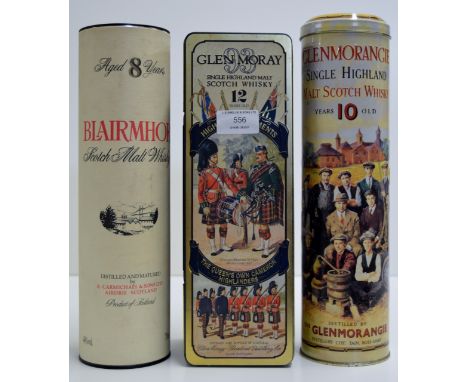 3 BOTTLE WHISKY SELECTION COMPRISING GLEN MORAY 12 YEARS OLD SINGLE HIGHLAND MALT SCOTCH WHISKY IN THE QUEEN'S OWN CAMERON HI