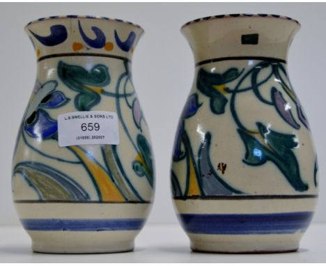 PAIR OF 6" DECORATIVE POTTERY VASES IN THE STYLE OF POOLE POTTERY     